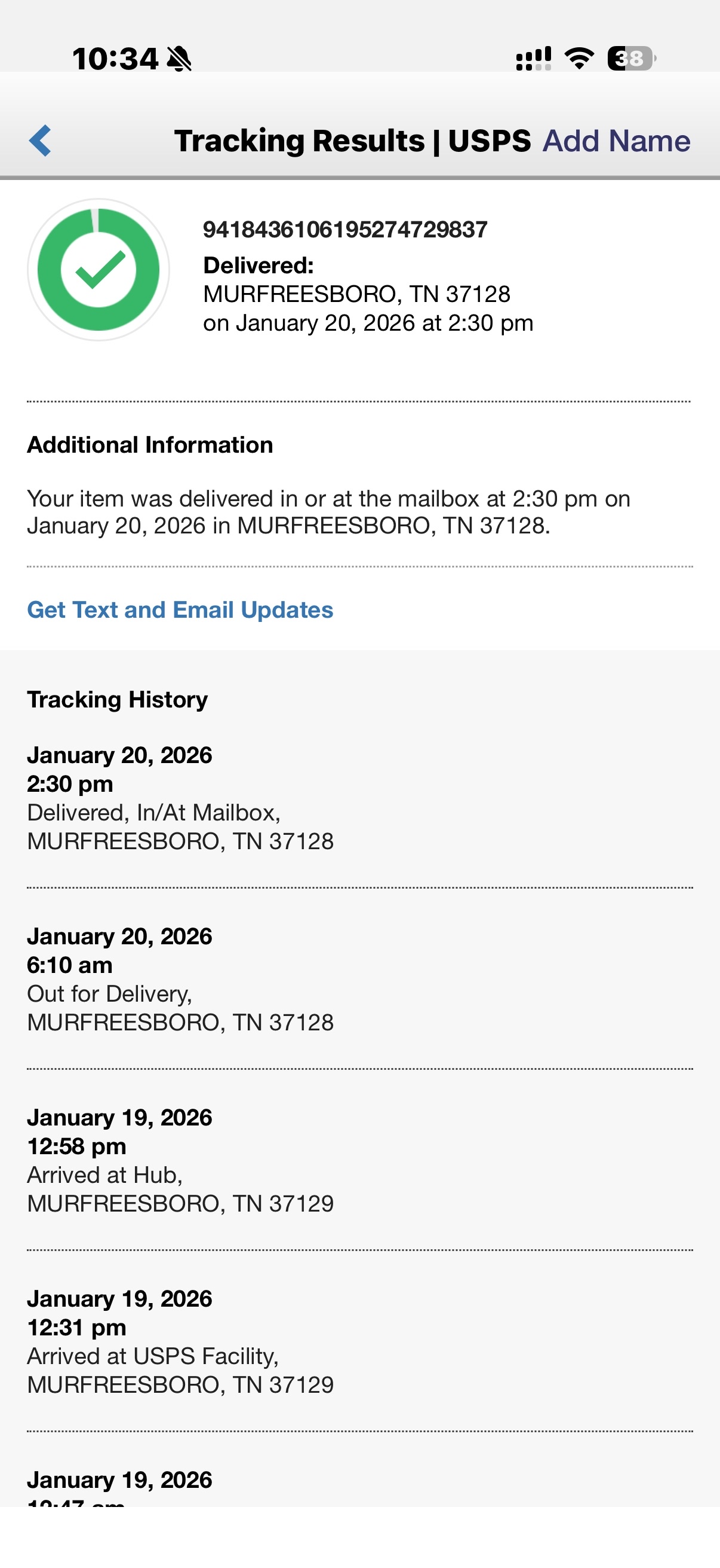 Original USPS tracking screen